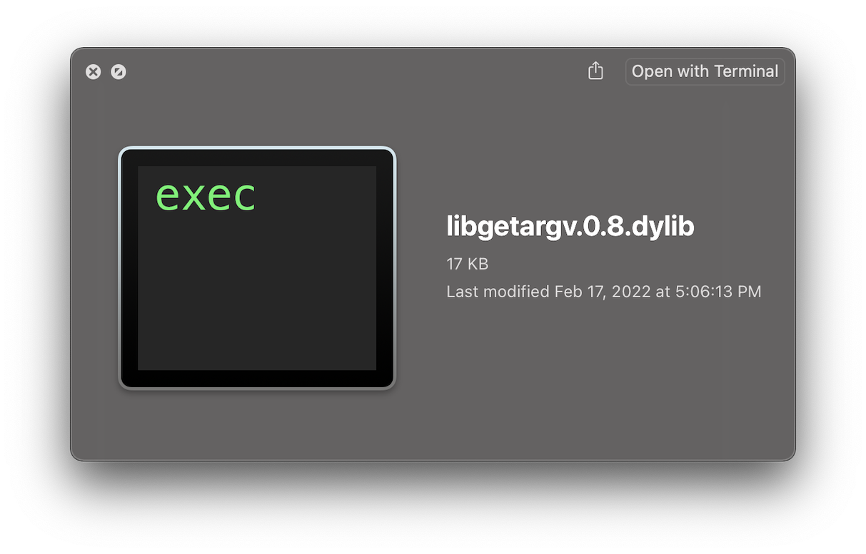 macOS popup depicting the libgetargv dynamic library